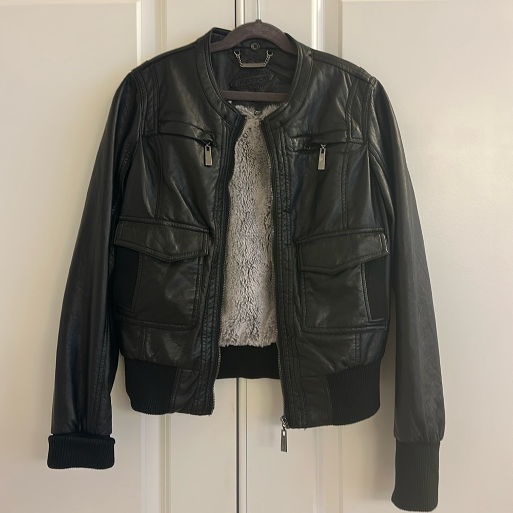 Girls Jou Jou faux leather bomber jacket, faux fur lined, Blk, Sz XL